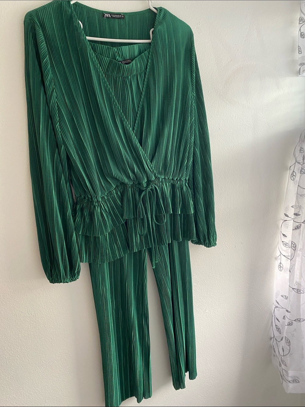 Zara Co Ord Emerald Green Pleated Wrap Top & Flowy Pant Set